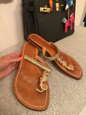 Brown Leather Embellished Seahorse Toe-Loop Sandals